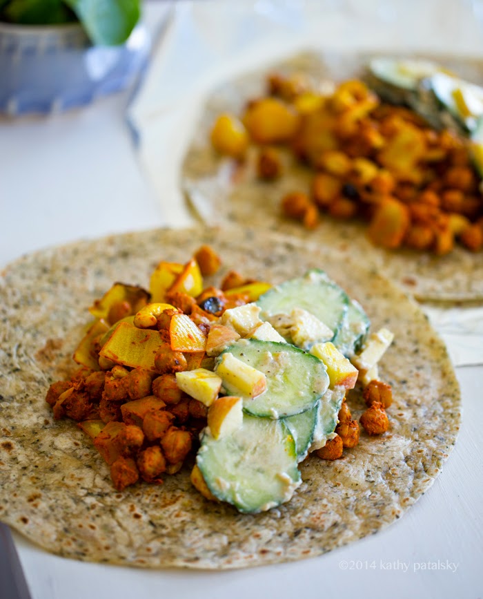 easy wraps with curried chickpeas and cucumber salad