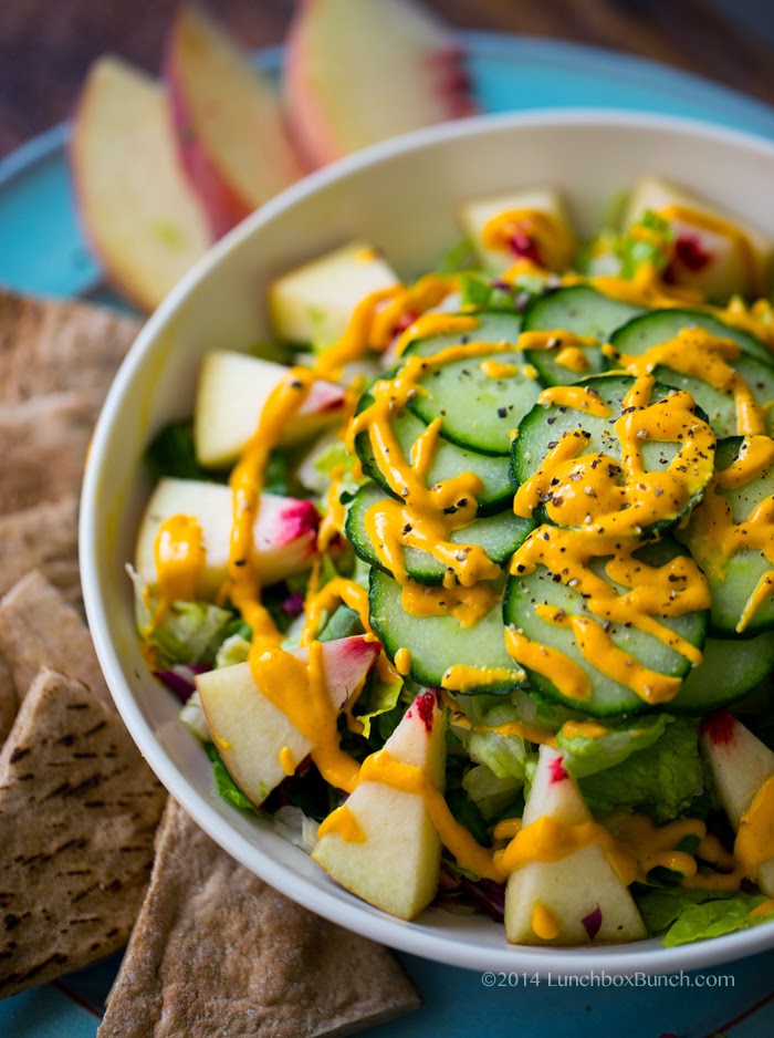 Vegan White Peach Salad with Carrot Ginger Cashew Dressing 