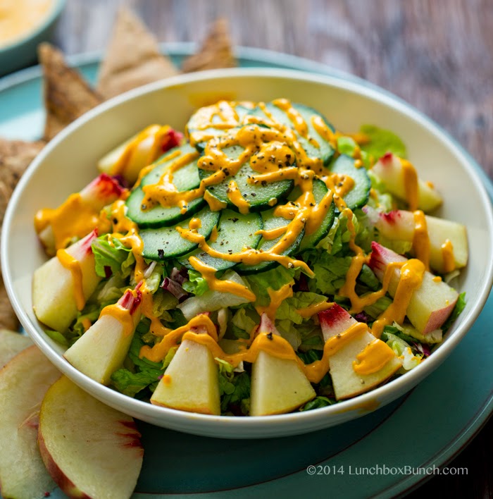 Vegan White Peach Salad with Carrot Ginger Cashew Dressing 