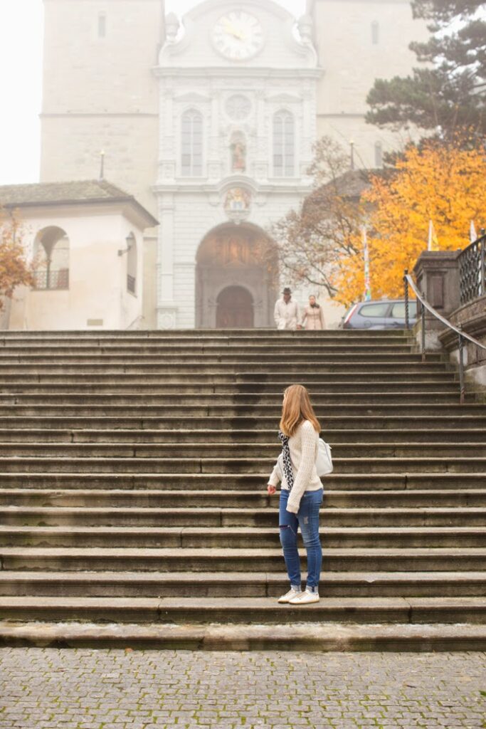 Kathy on steps of church