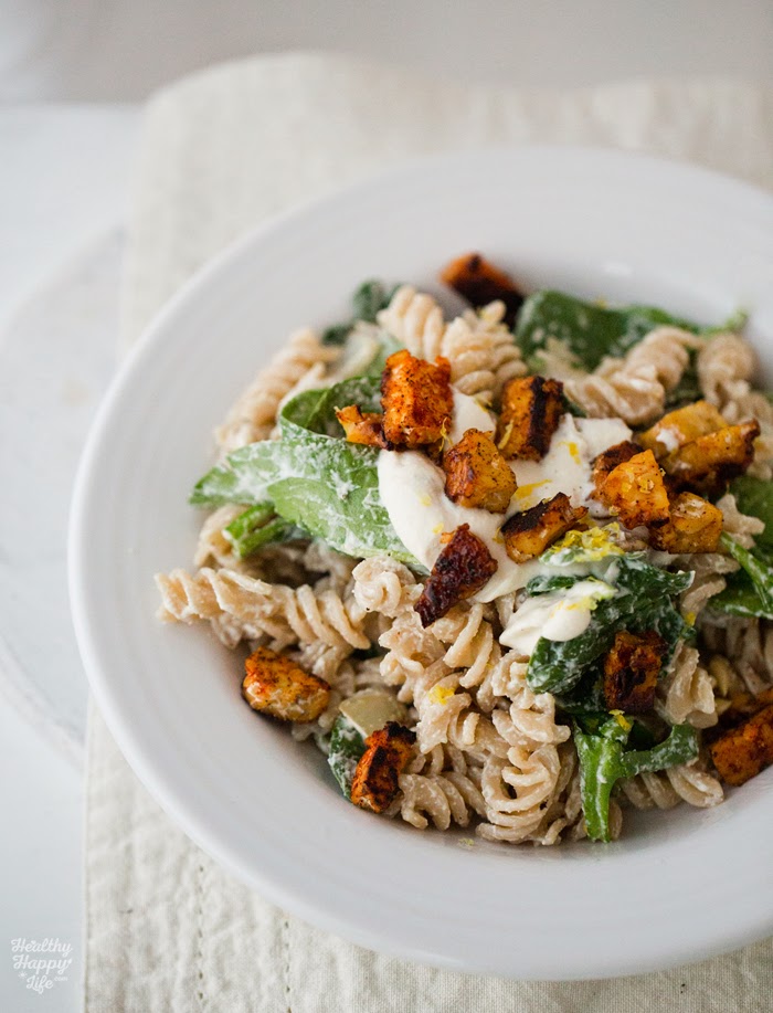 Creamy Cashew Cream Pasta with Lemon, Spinach & Tempeh Bacon Bits -  