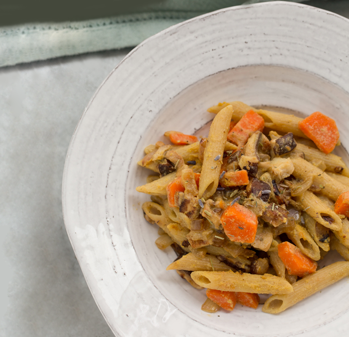 Rustic Pasta Night. Shiitake, Carrot, Herbs de Provence Garlic-Lemon Sauce.  