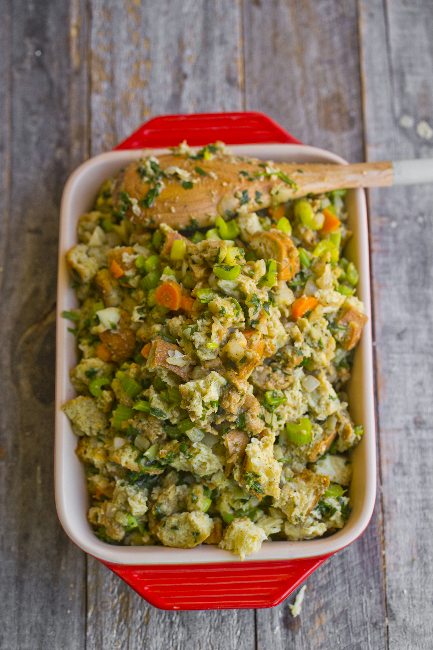 vegan stuffing ready to be baked