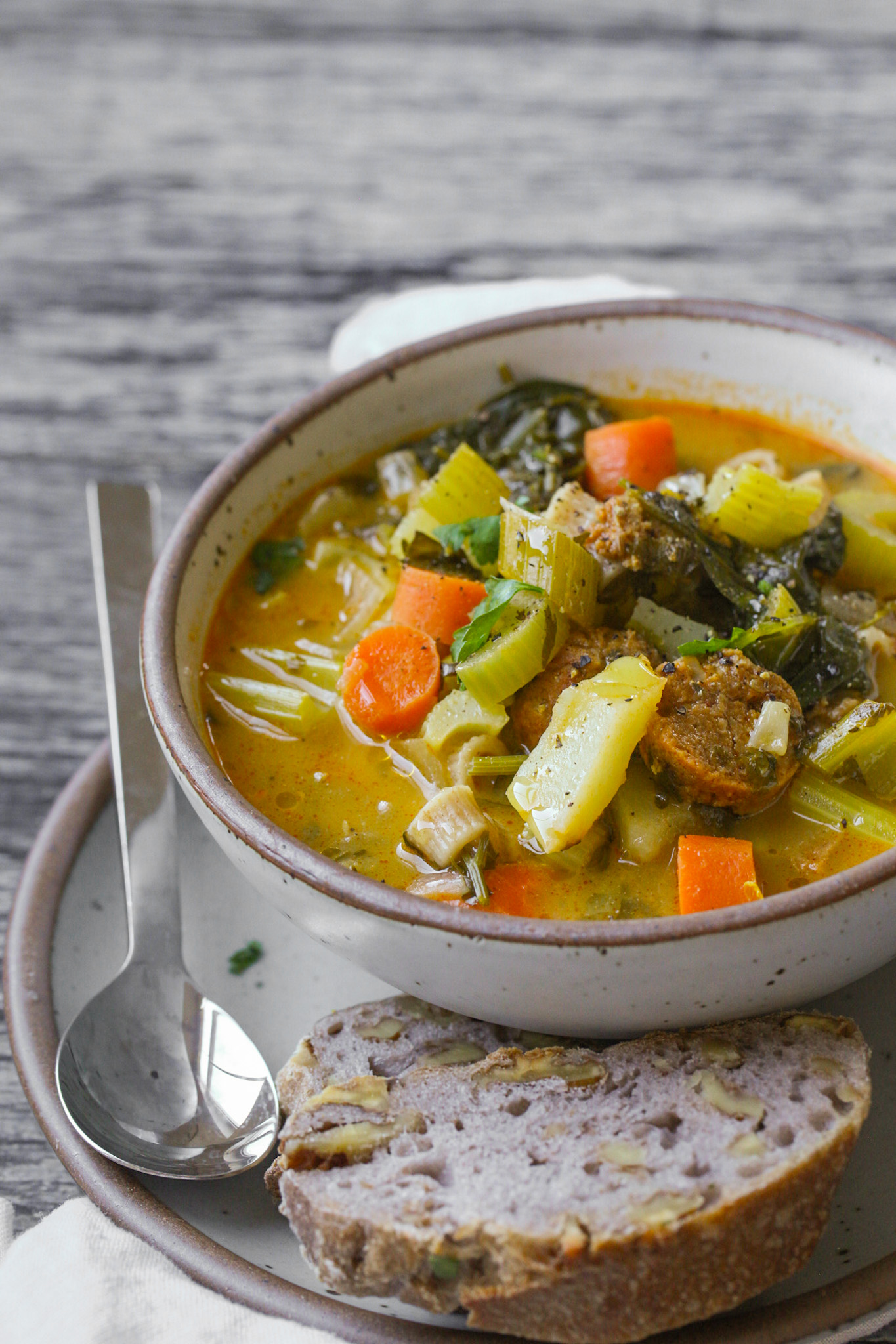 Close up Chunky Veggie Stew with bread