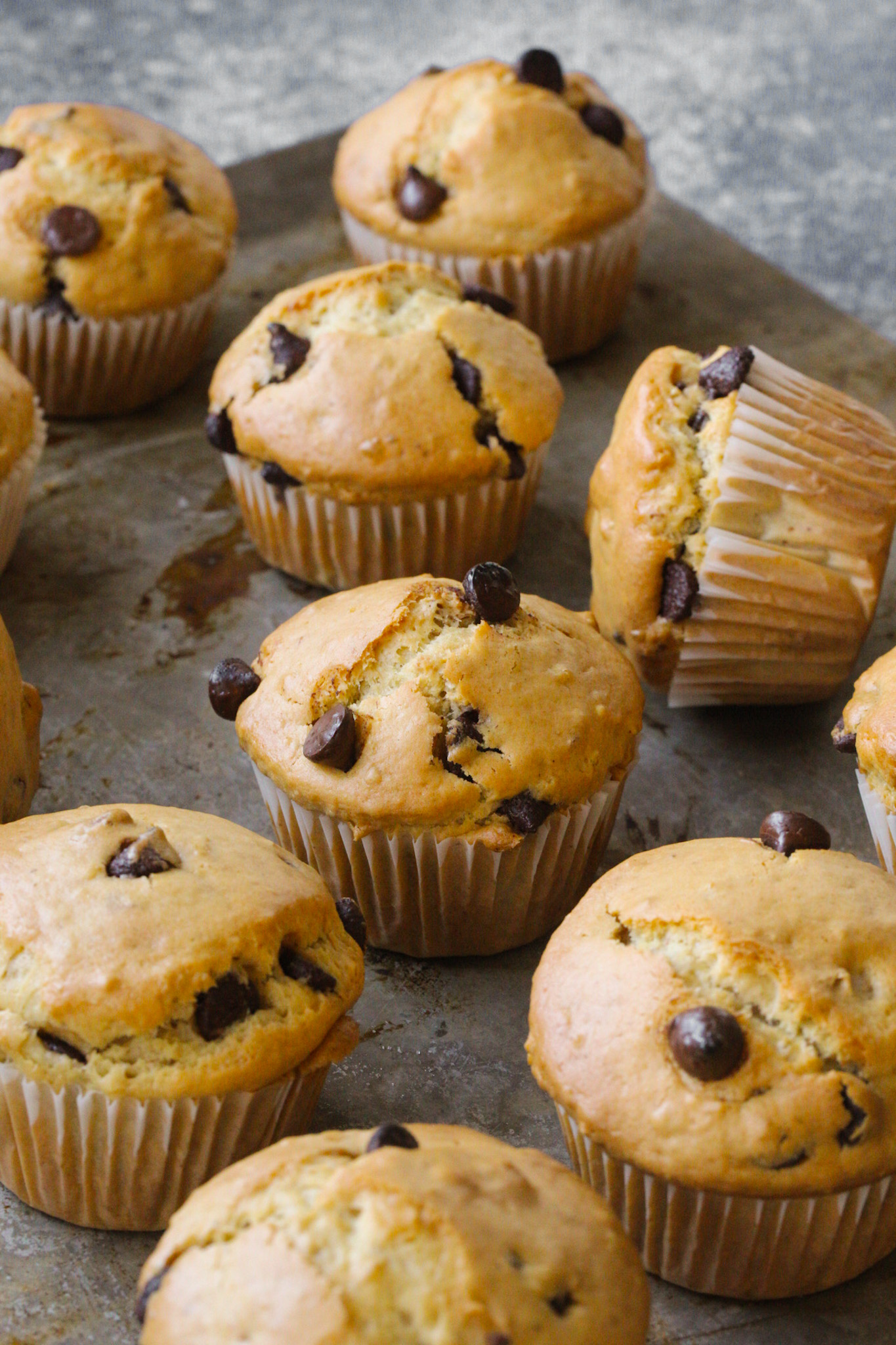 chocolate chip muffins on a baking sheet