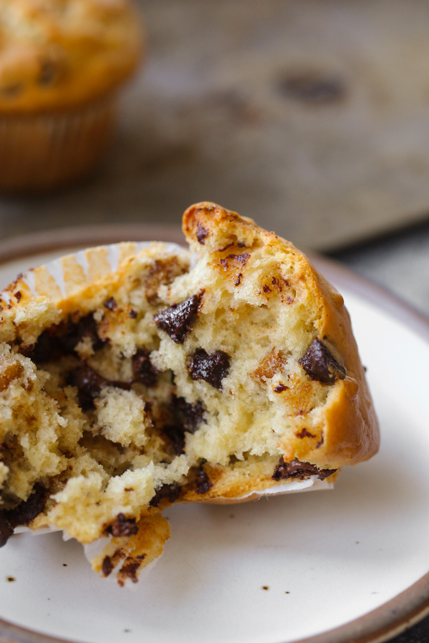 broken open muffin chocolate chips