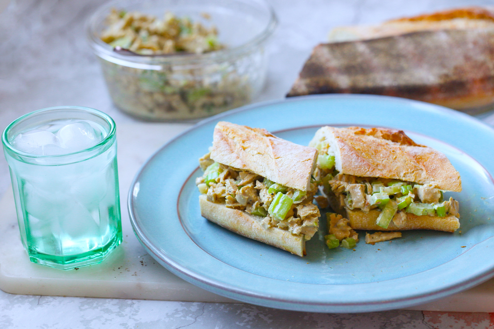 vegan chicken salad on french loaf for lunch