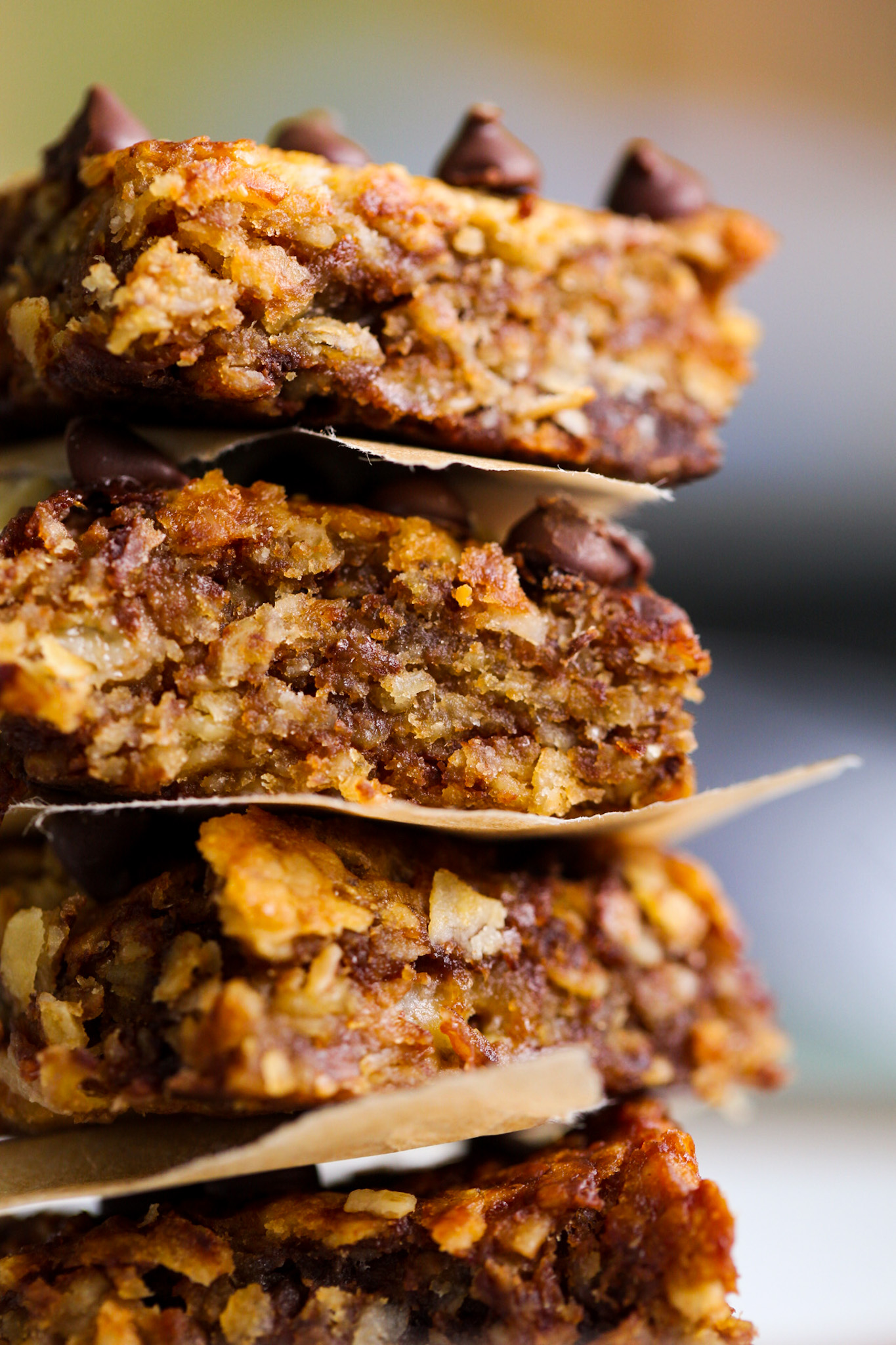 Chewy Peanut Butter Banana Flapjacks close-up stack