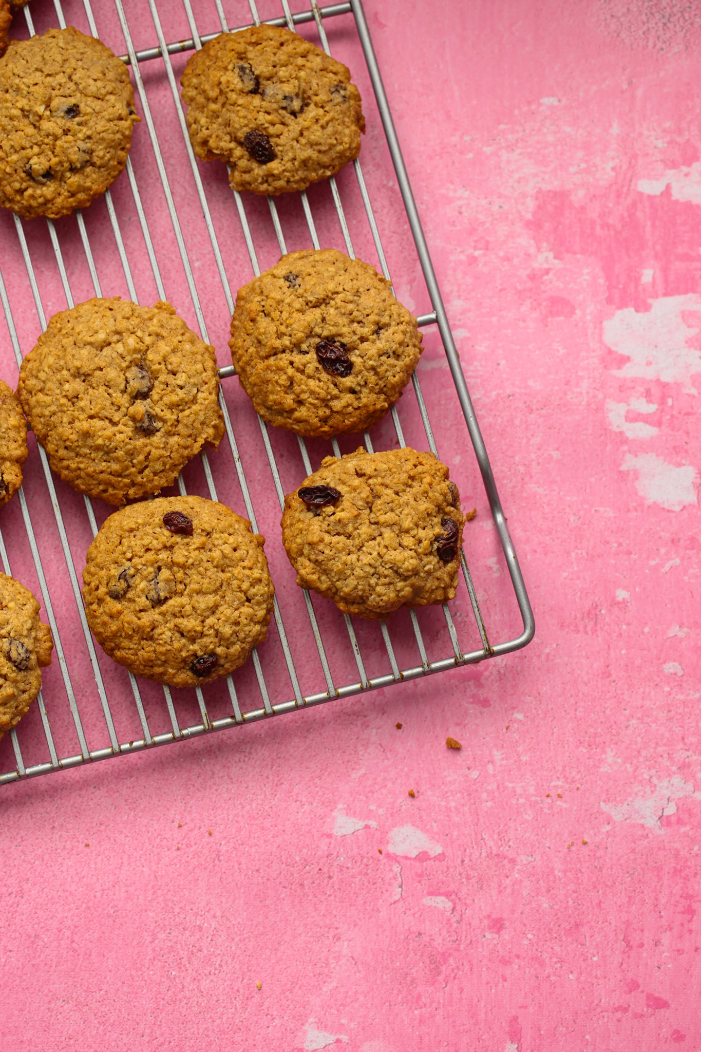 oatmeal raisin cookies on pink background