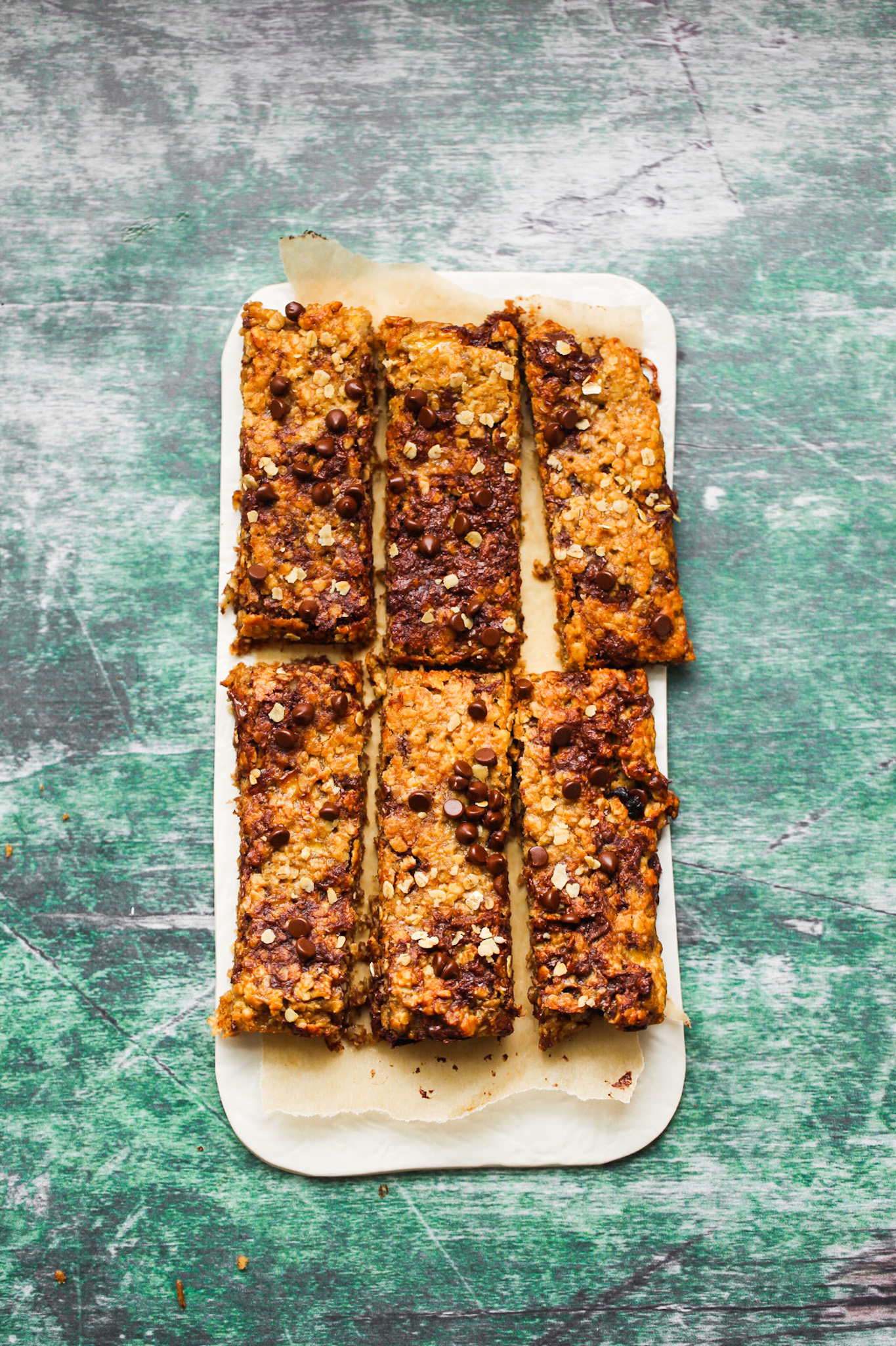 six flapjack bars with green background