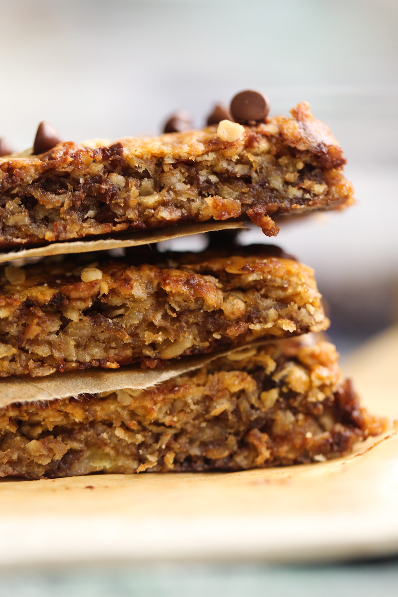 side view of Peanut Butter Banana Chocolate Chip Flapjacks