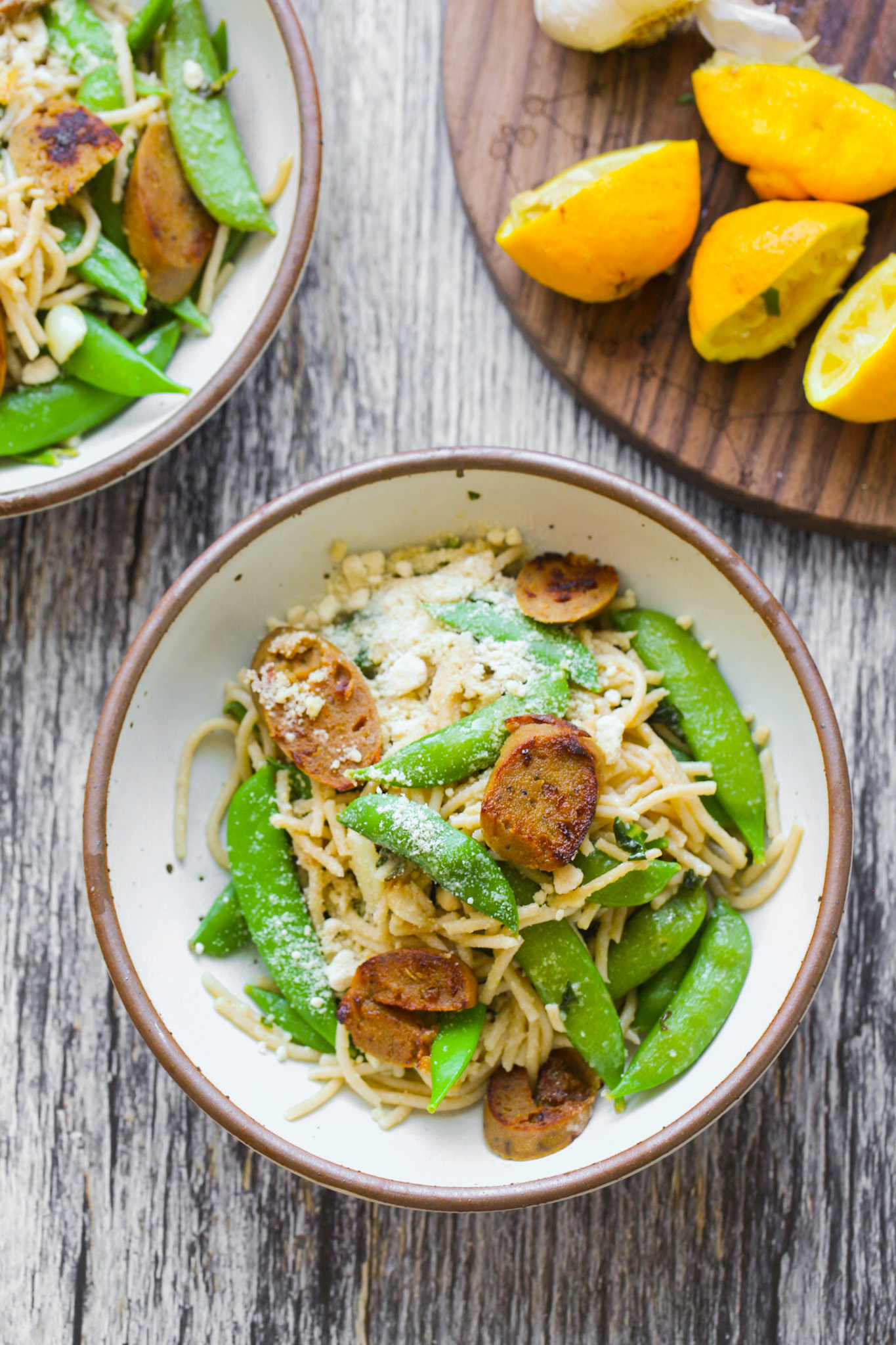 lemons and garlic with pasta bowls