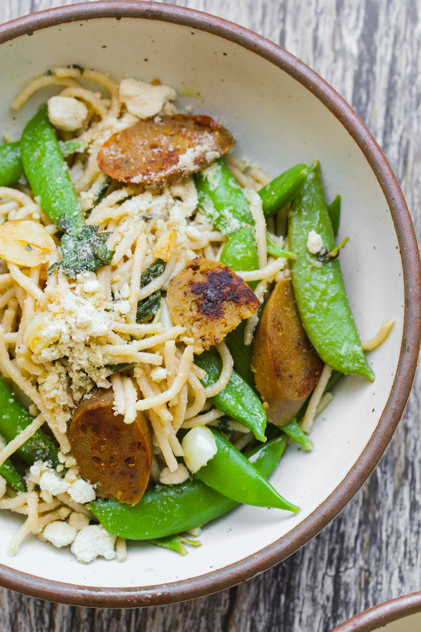 close up of spring pasta in bowl