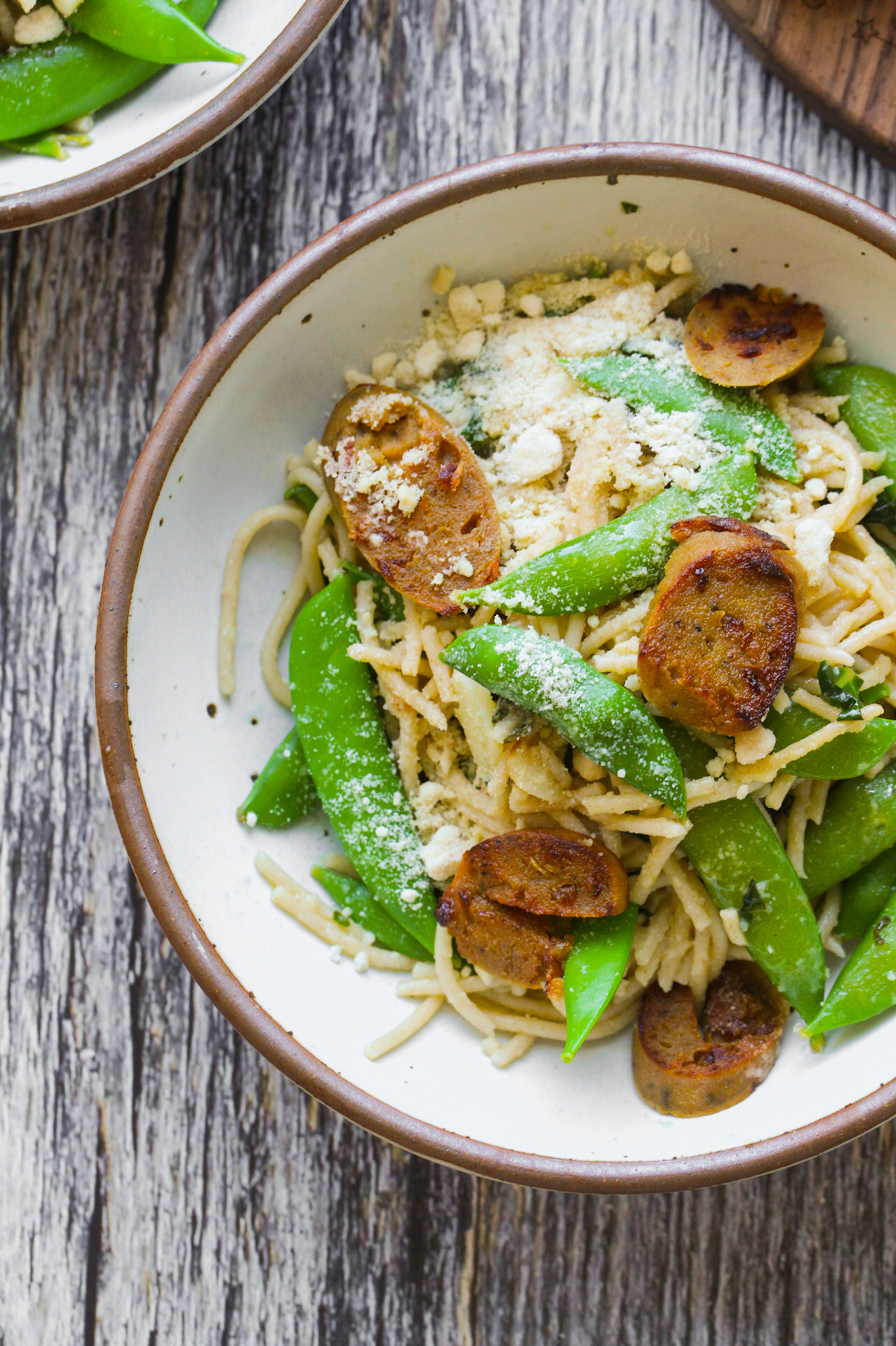 snap pea pasta with parmesan sprinkle