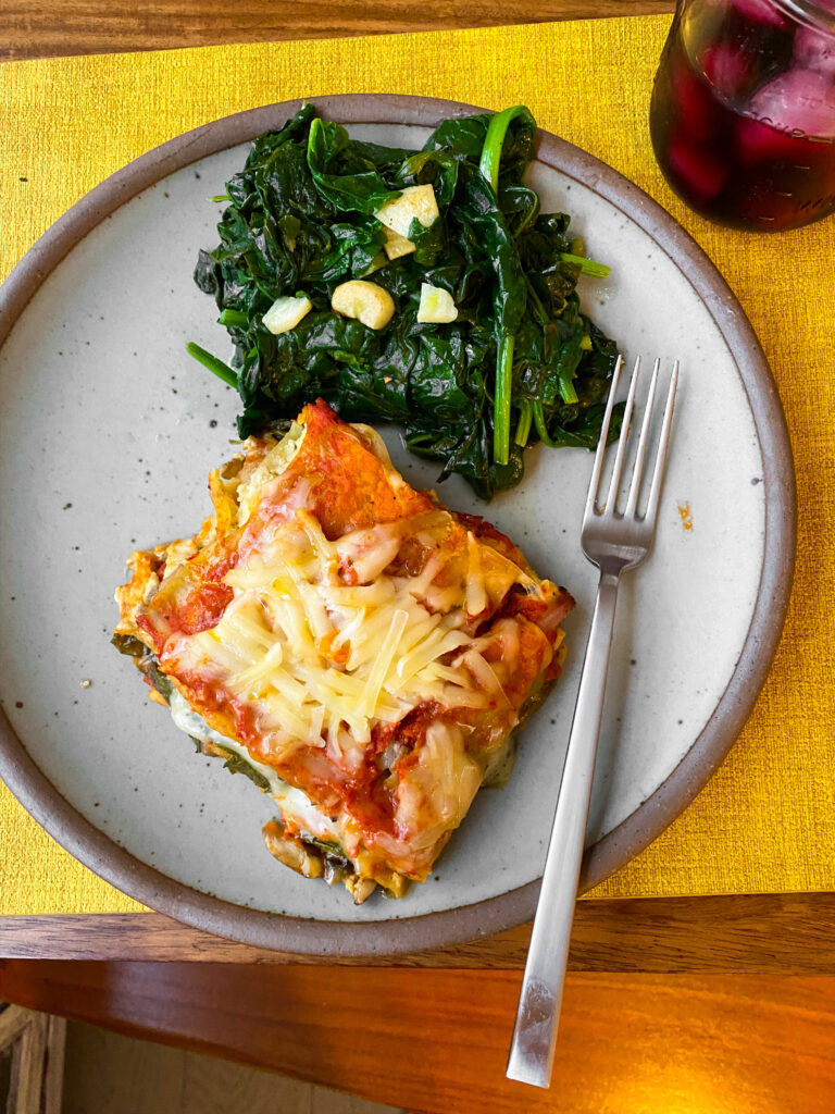 lasagna leftovers with garlicky spinach