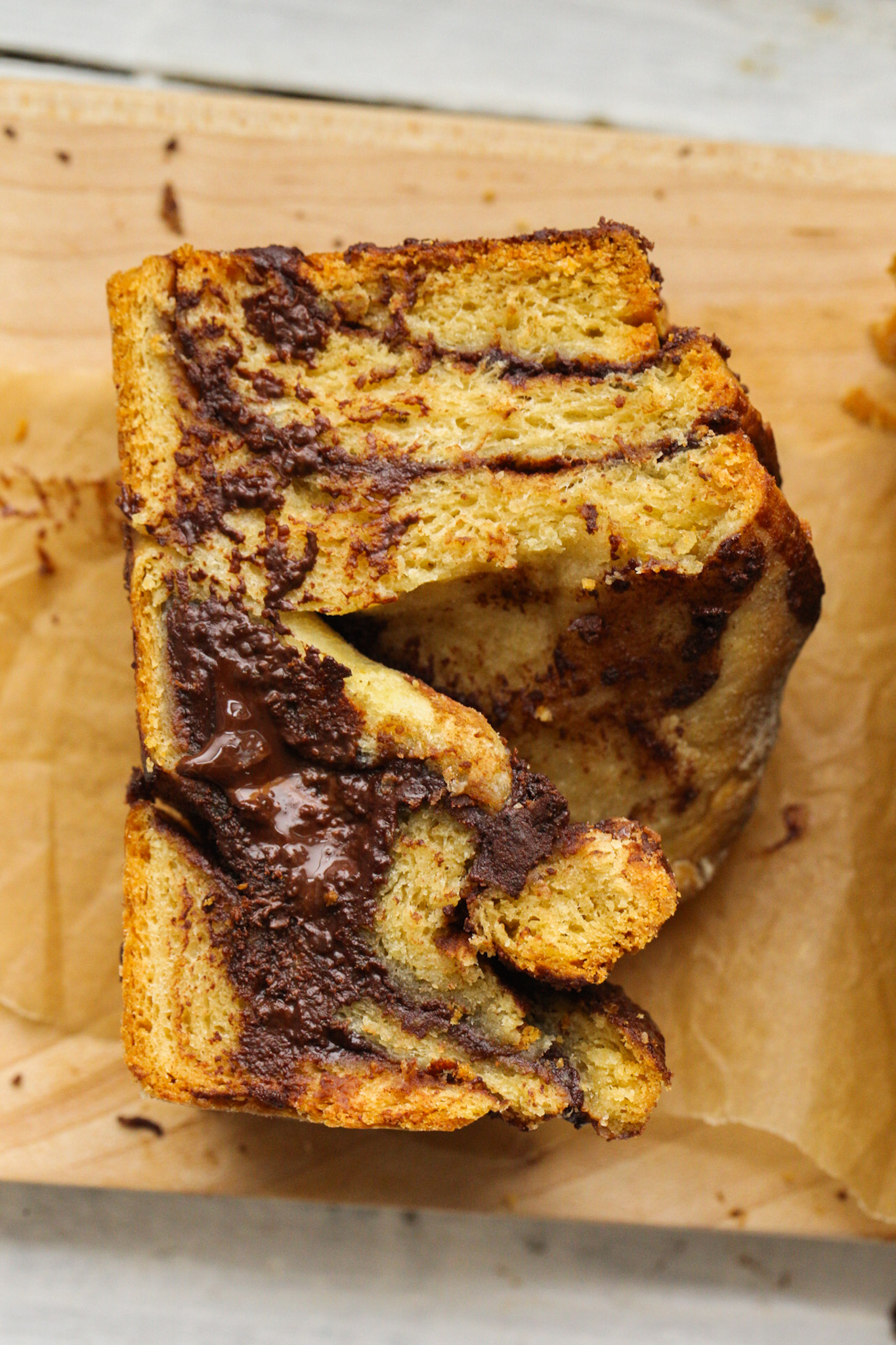 chocolate babka sliced and melty