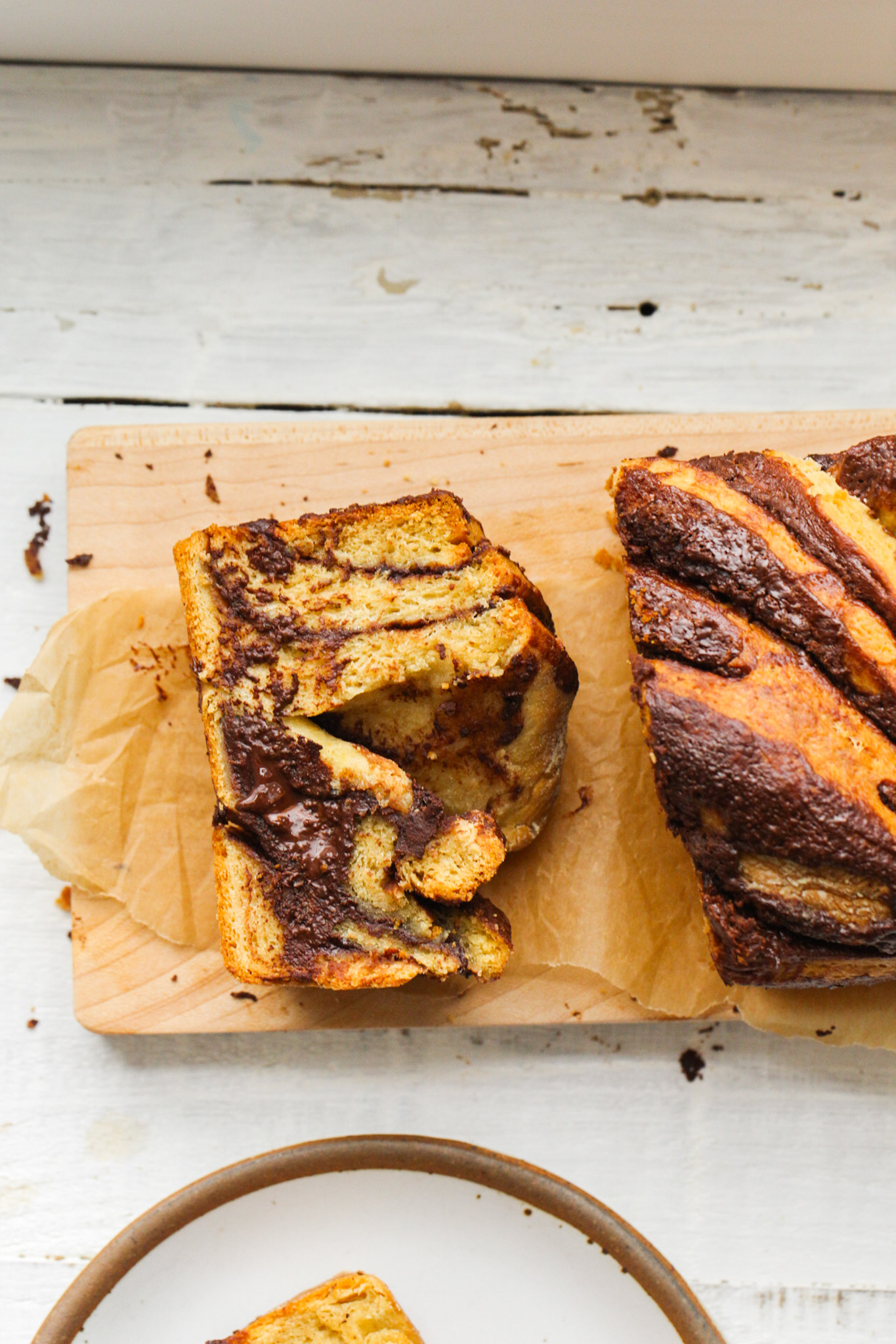 chocolate babka sliced from loaf