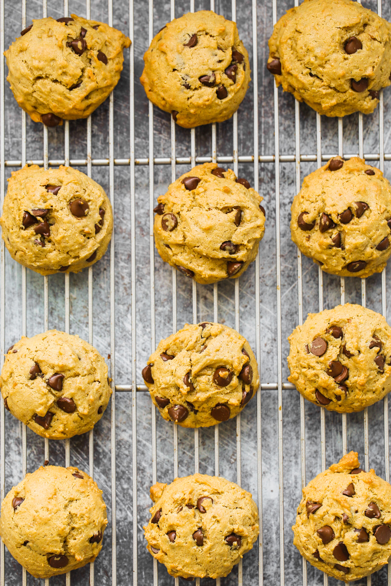 Chocolate Chip PEanut Butter Cookies on a cooling rack