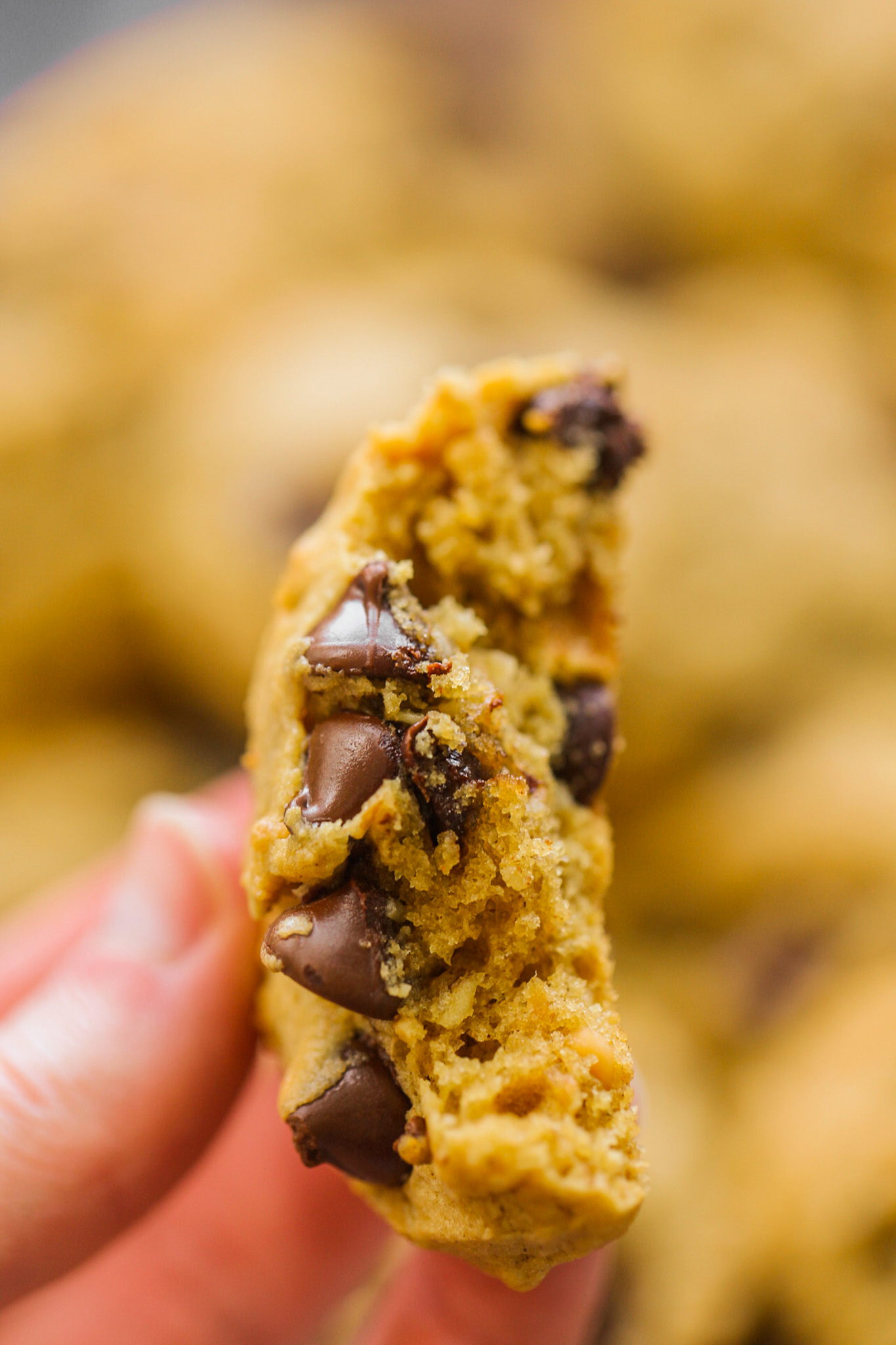 half of a warm chocolate chip cookie