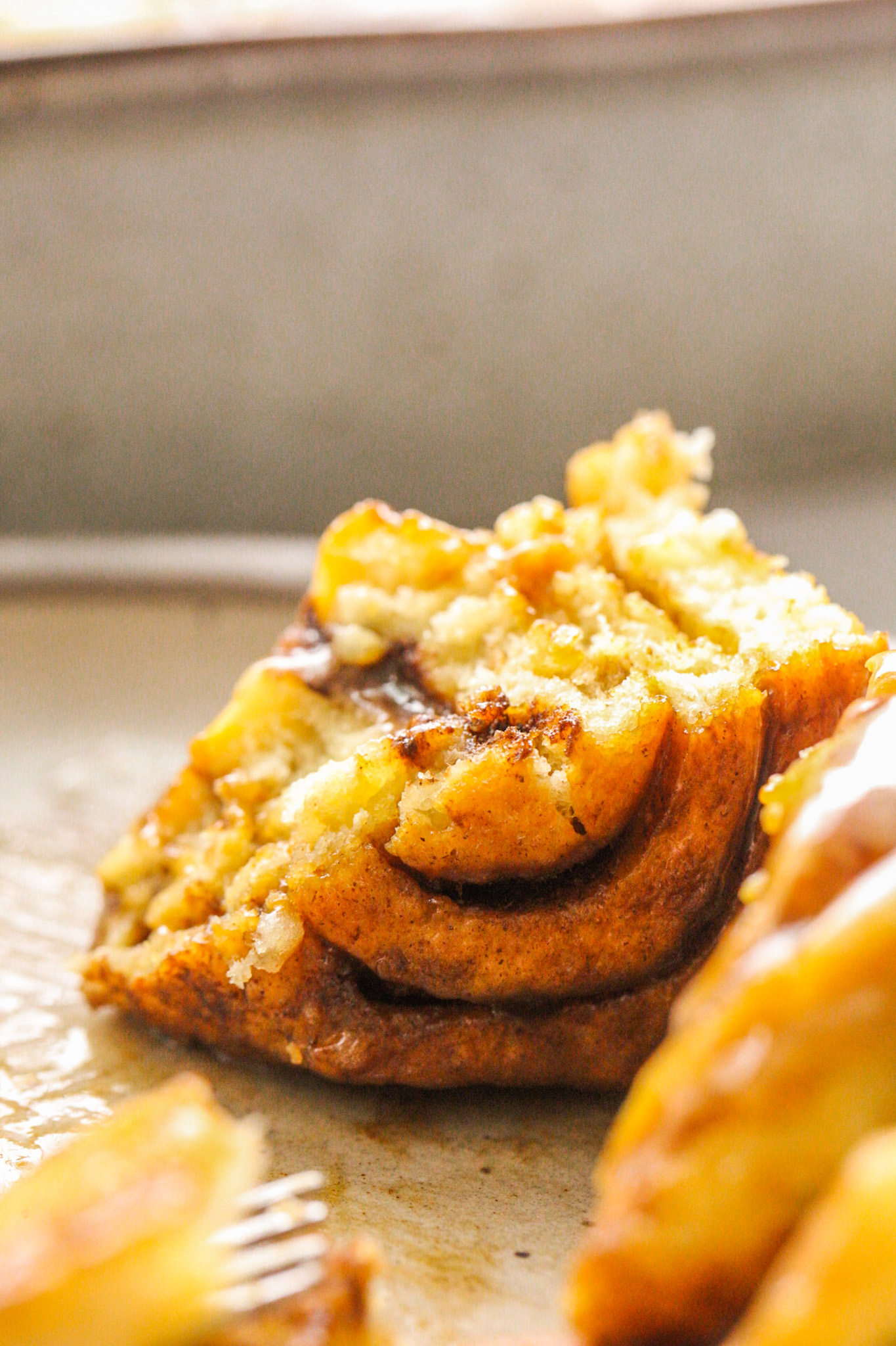 Spirals of cinnamon rolls, sliced into and fluffy