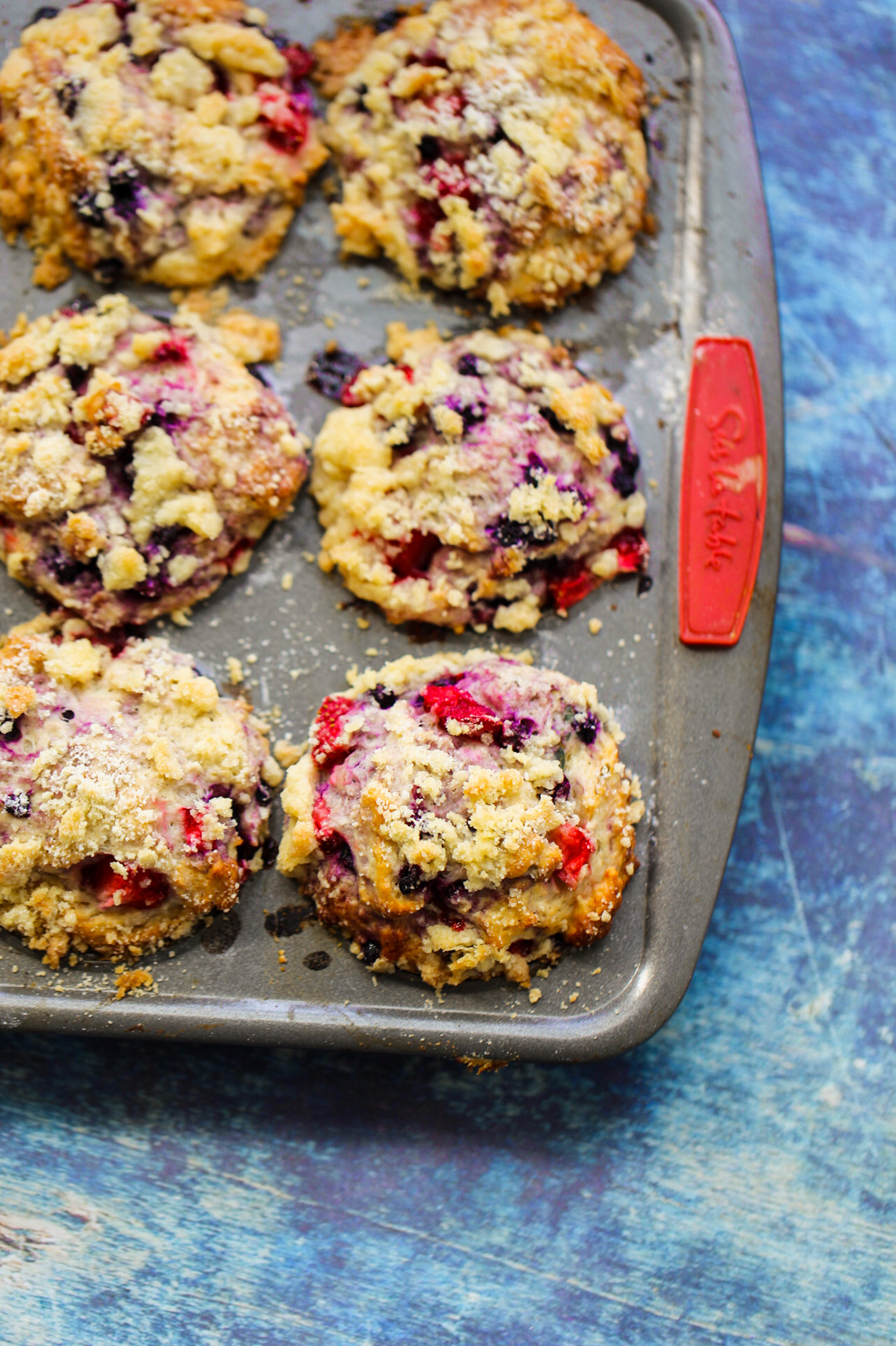 Double Berry Crumble Muffins in pan