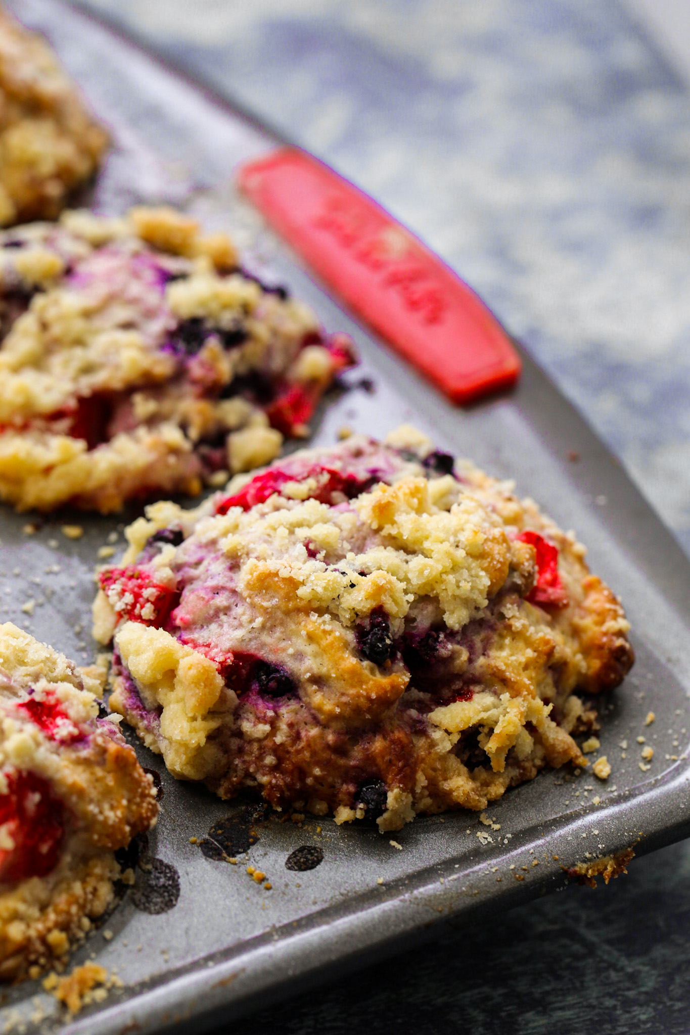 up close blueberry strawberry muffin