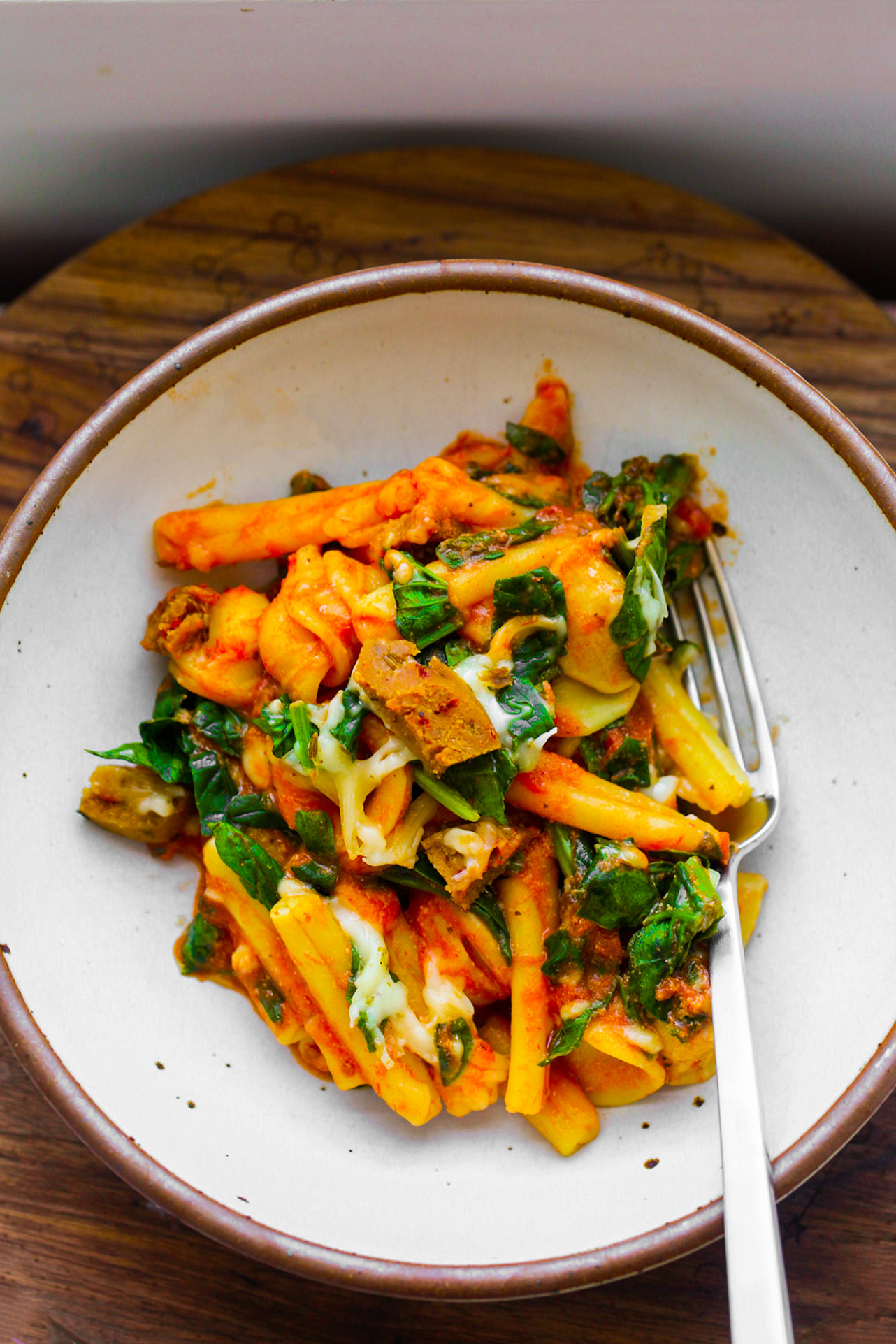 spinach pasta dinner in a bowl