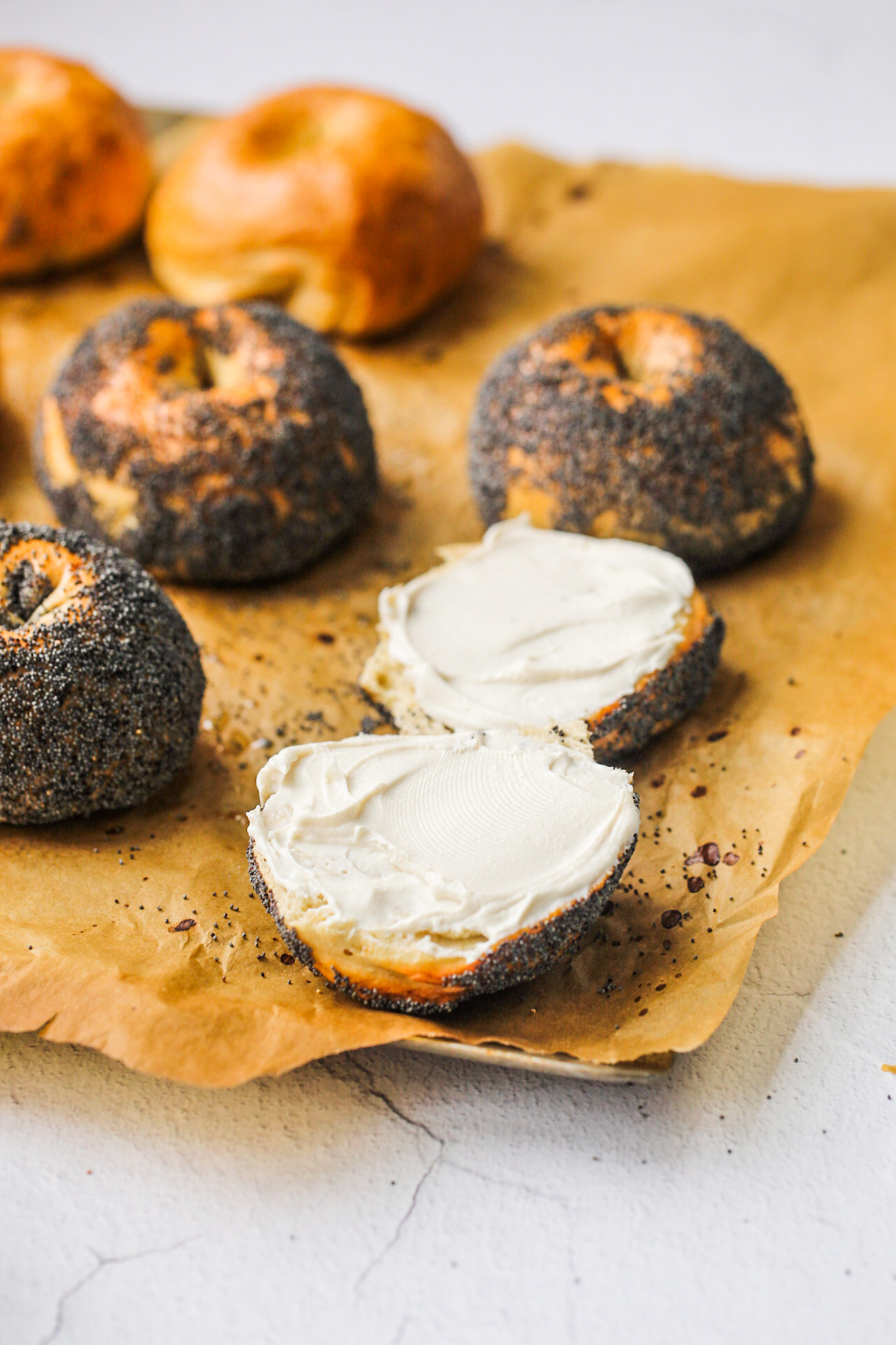 homemade fluffy bagels on baking sheet