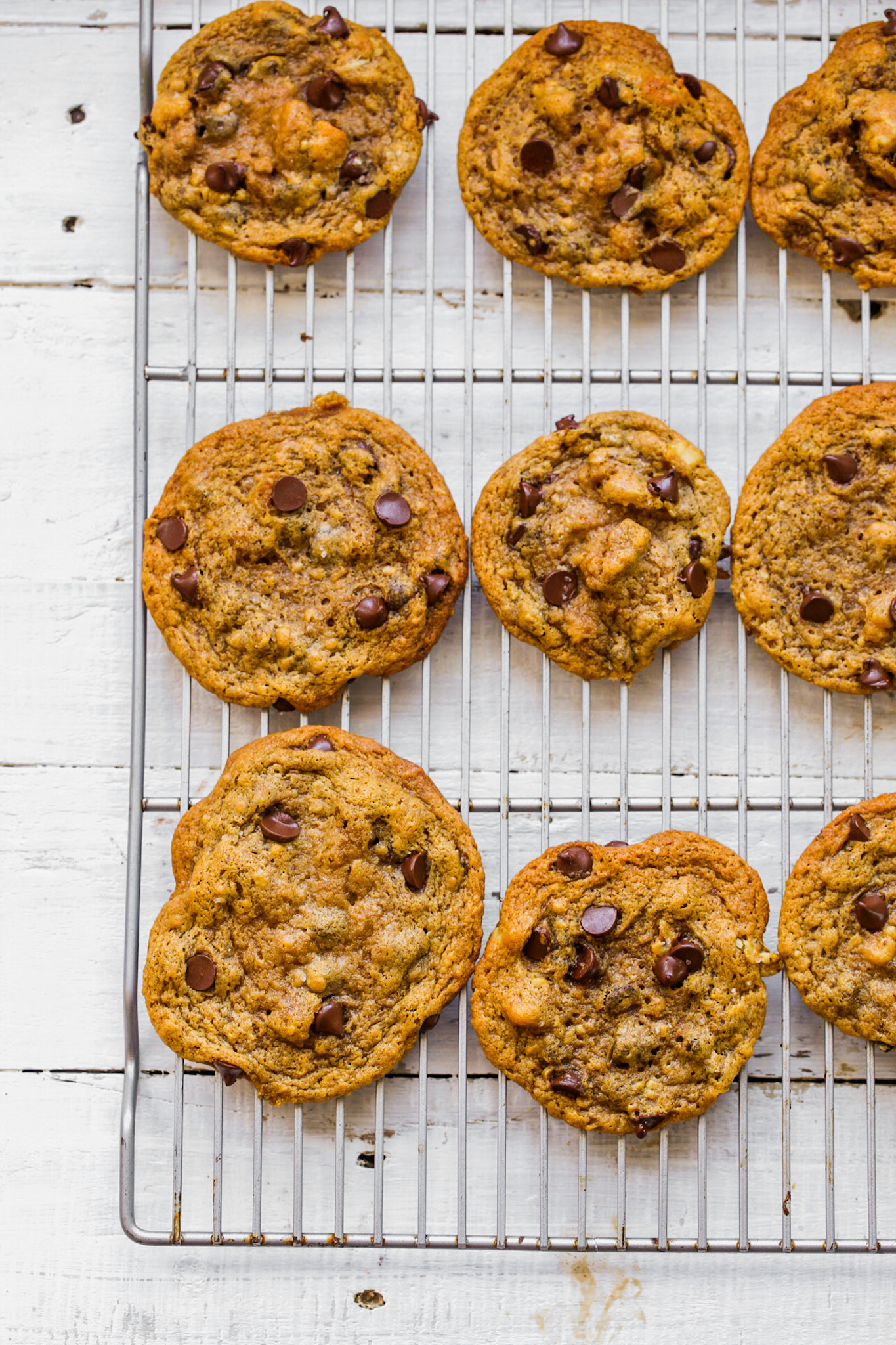 vegan chewy chocolate chip cookies on cooling rack