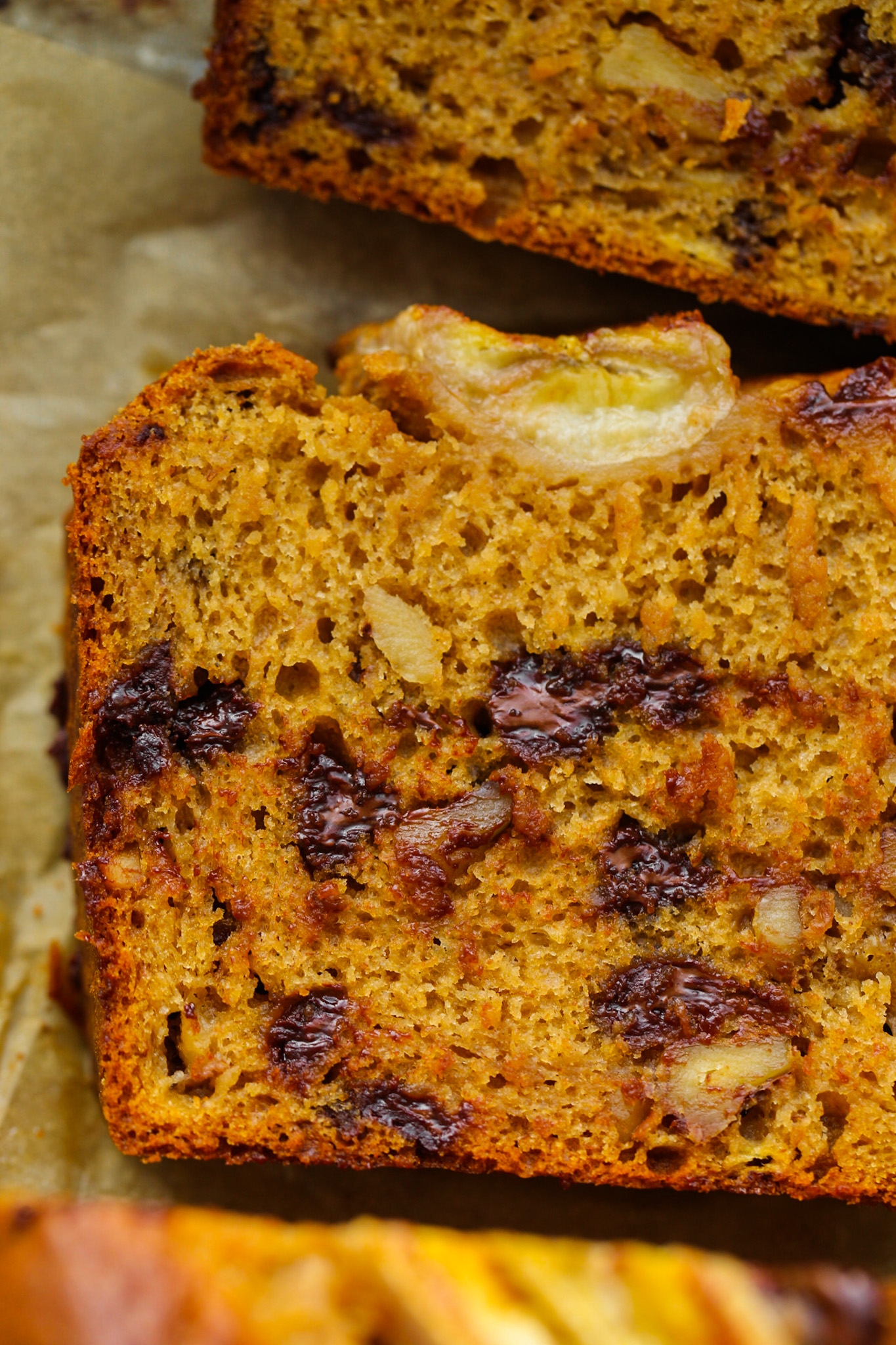 close up chunky chocolate banana bread