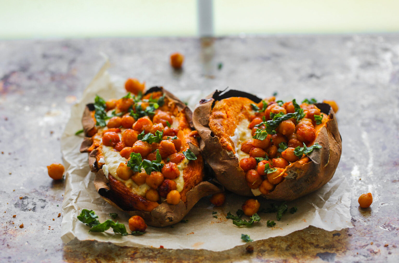 Easy Chickpea-Stuffed Sweet Potatoes - HealthyHappyLife.com