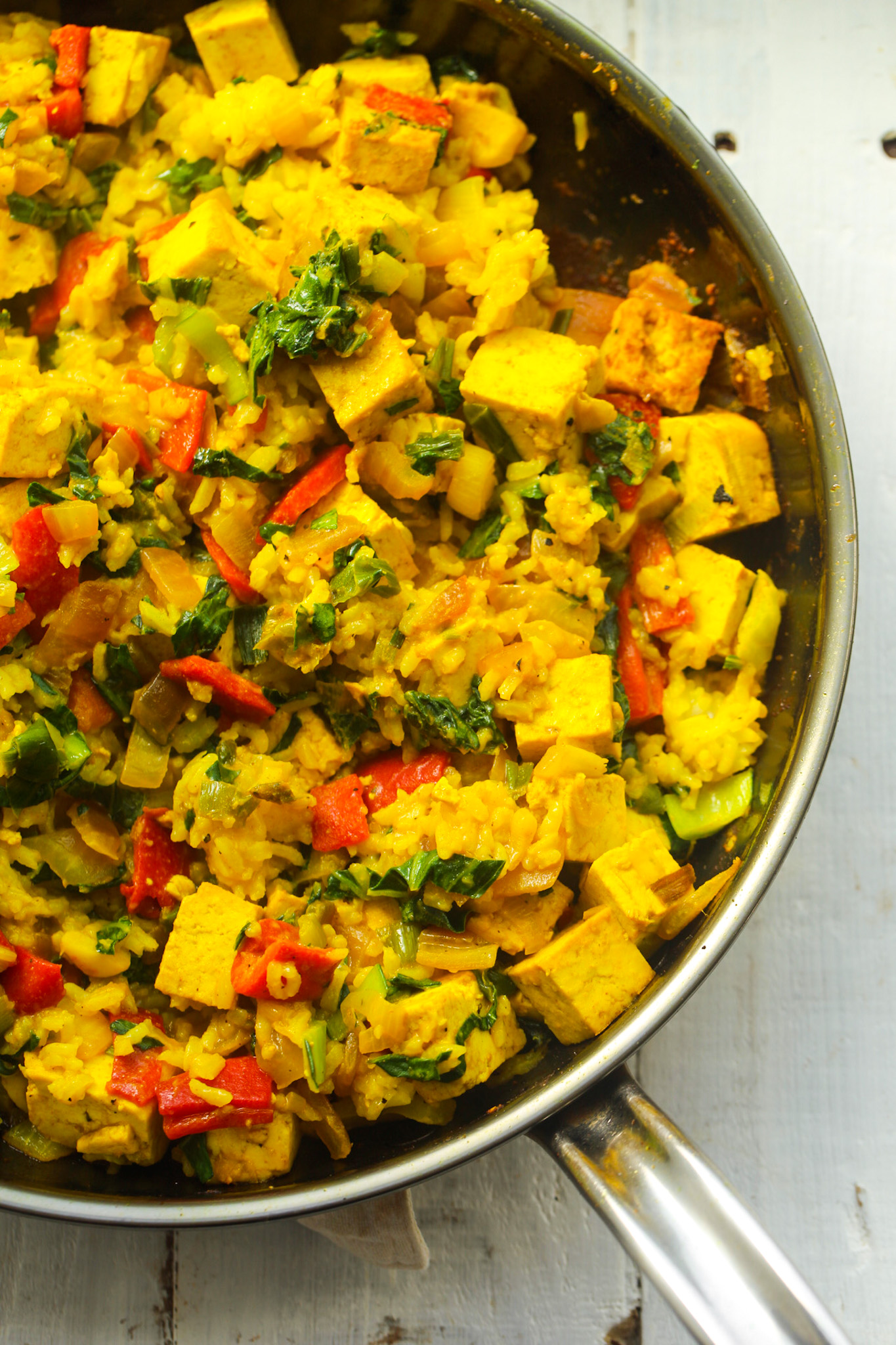 skillet of veggie fried rice with tofu