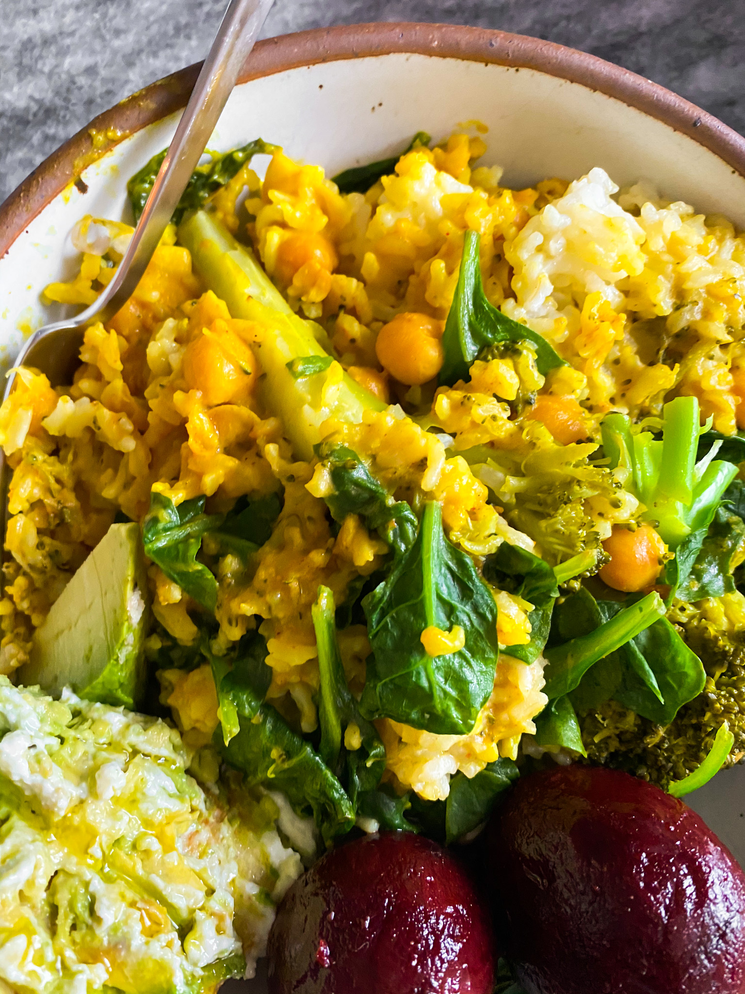 close up of Veggie Rice Bowls with Peanut Sauce with beets