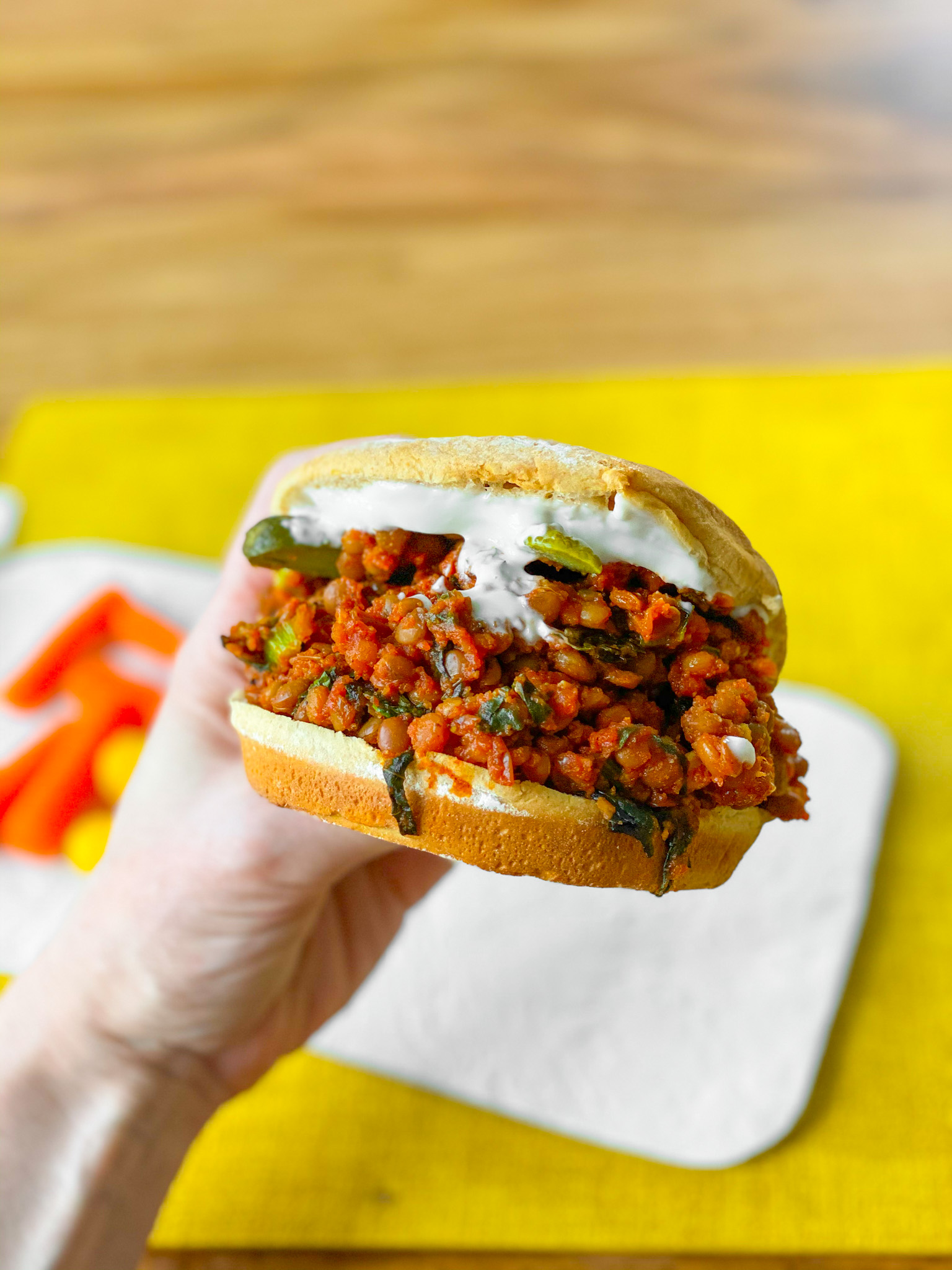 Vegan Sloppy Joes in hand