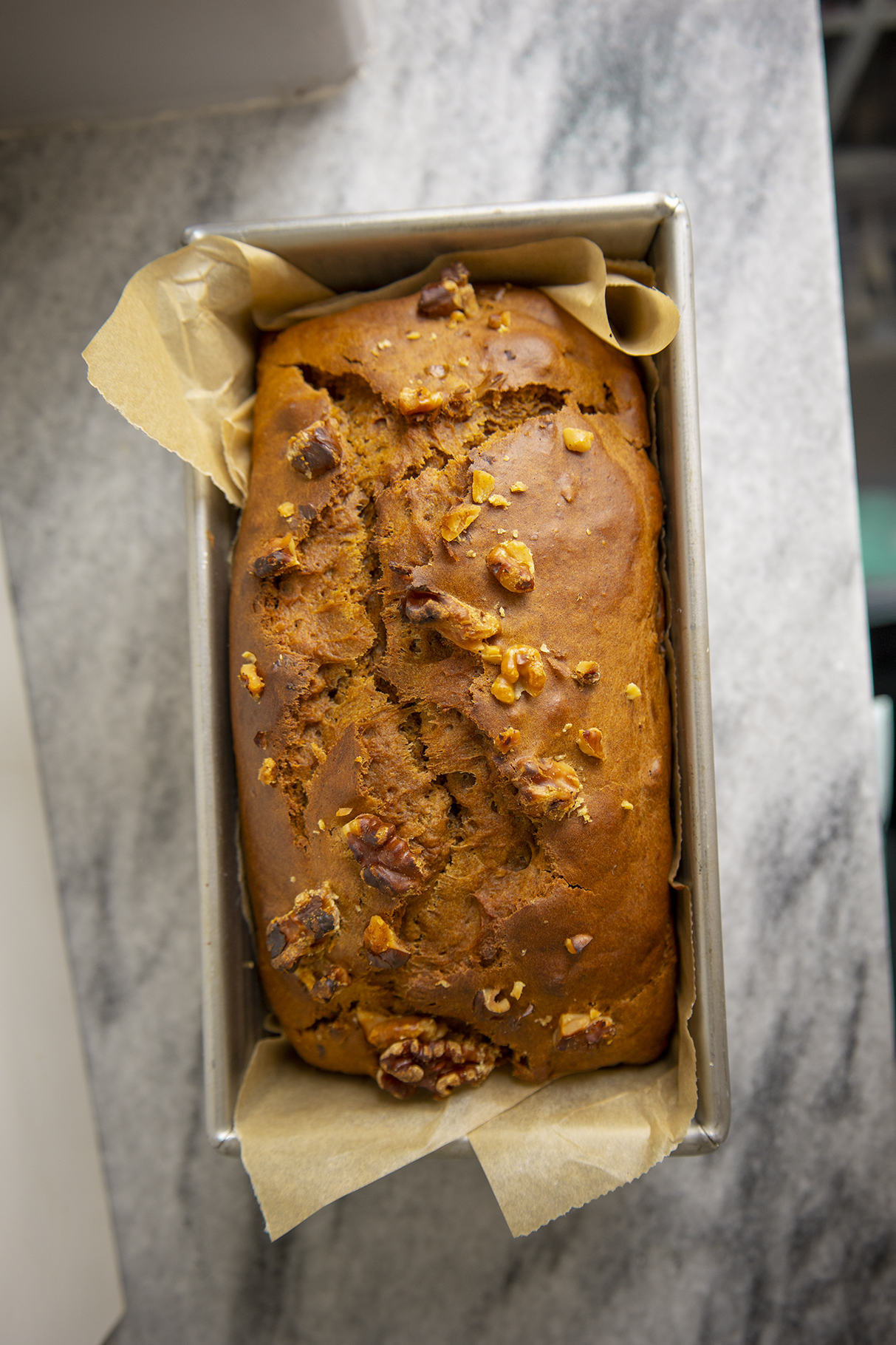Pumpkin Loaf with walnuts in tin