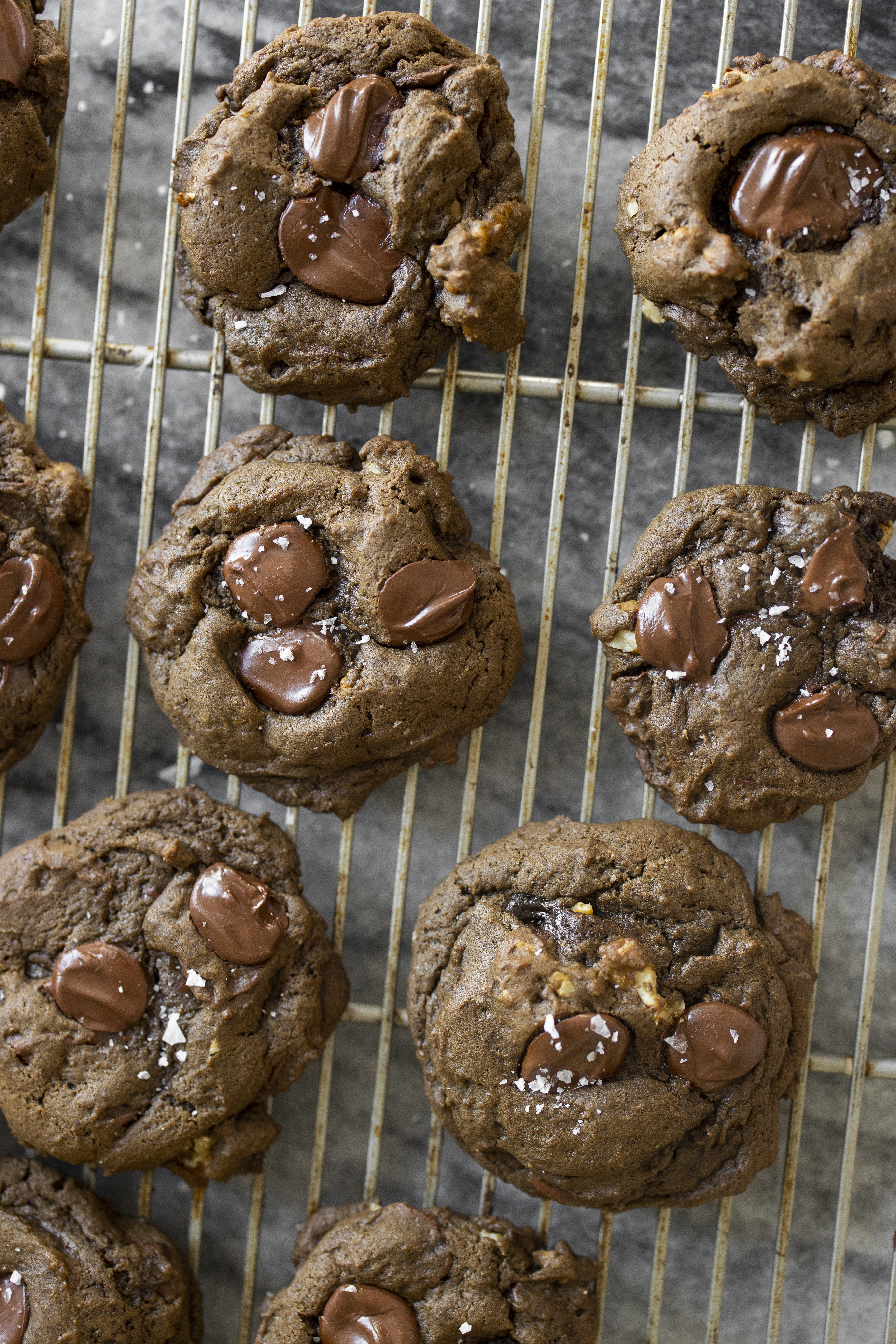 Chocolate-Chocolate Chip Cookies on cooling rack