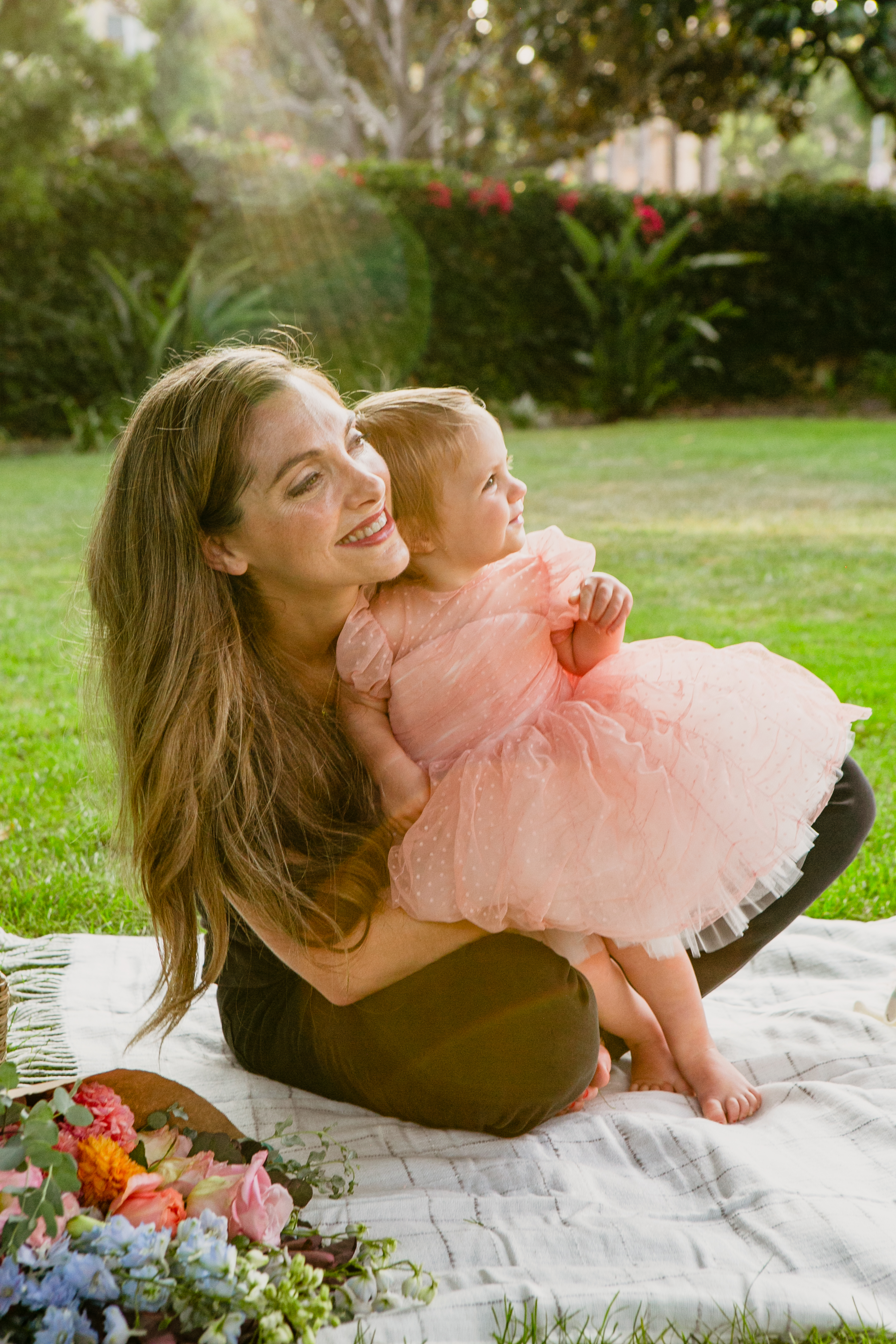 pink dress birthday picnic hugs