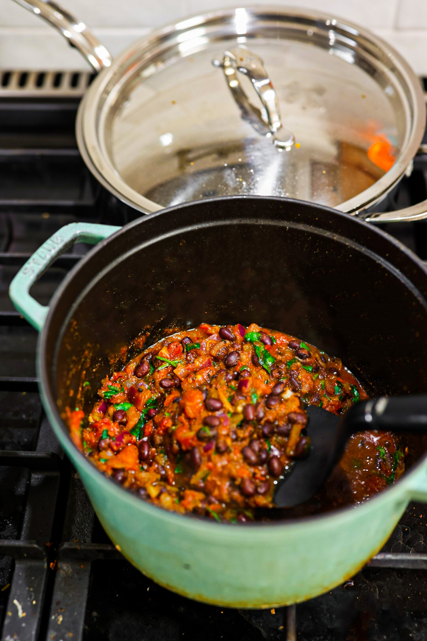 beans in pot on stove