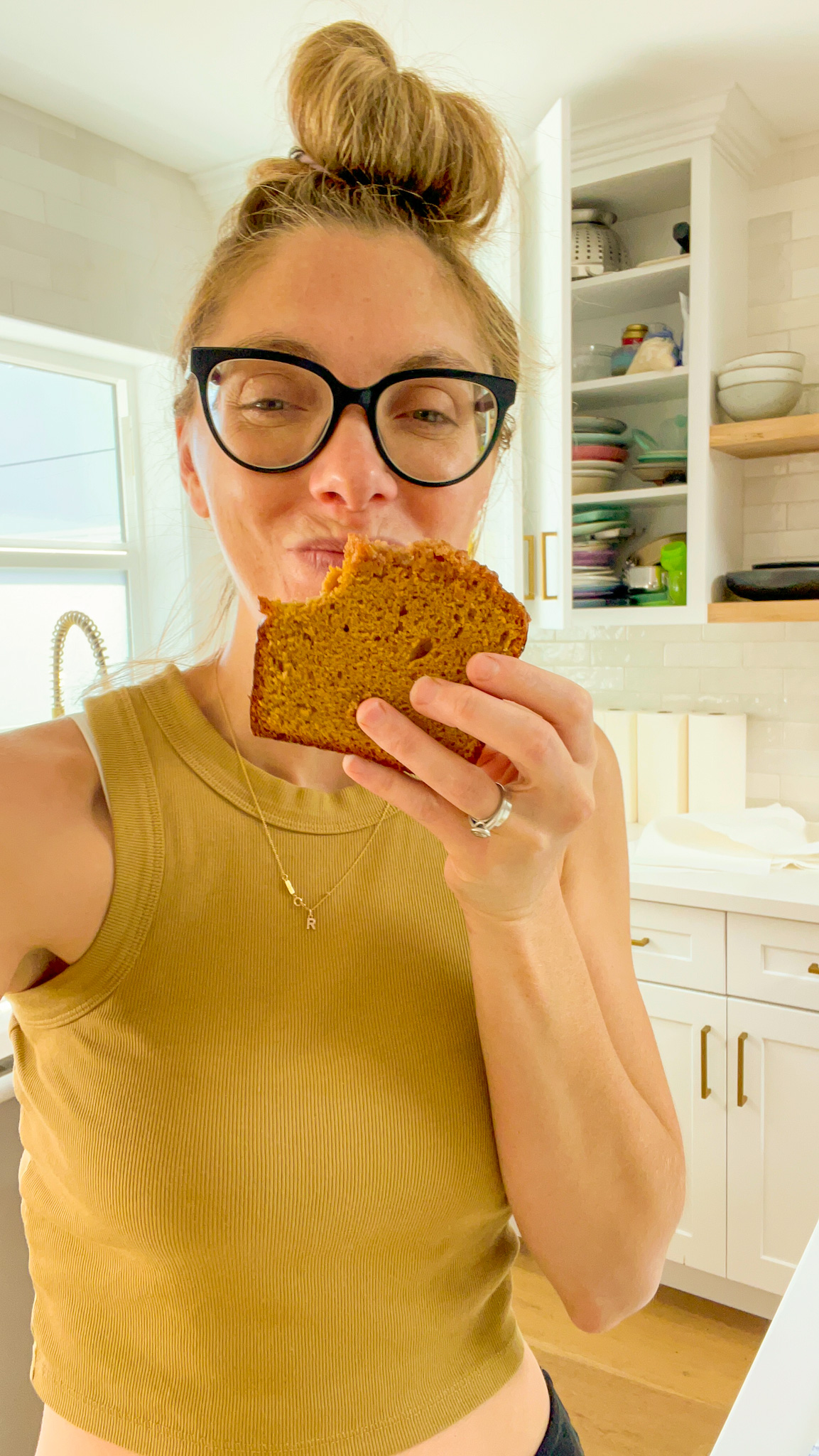 kathy eating pumpkin loaf