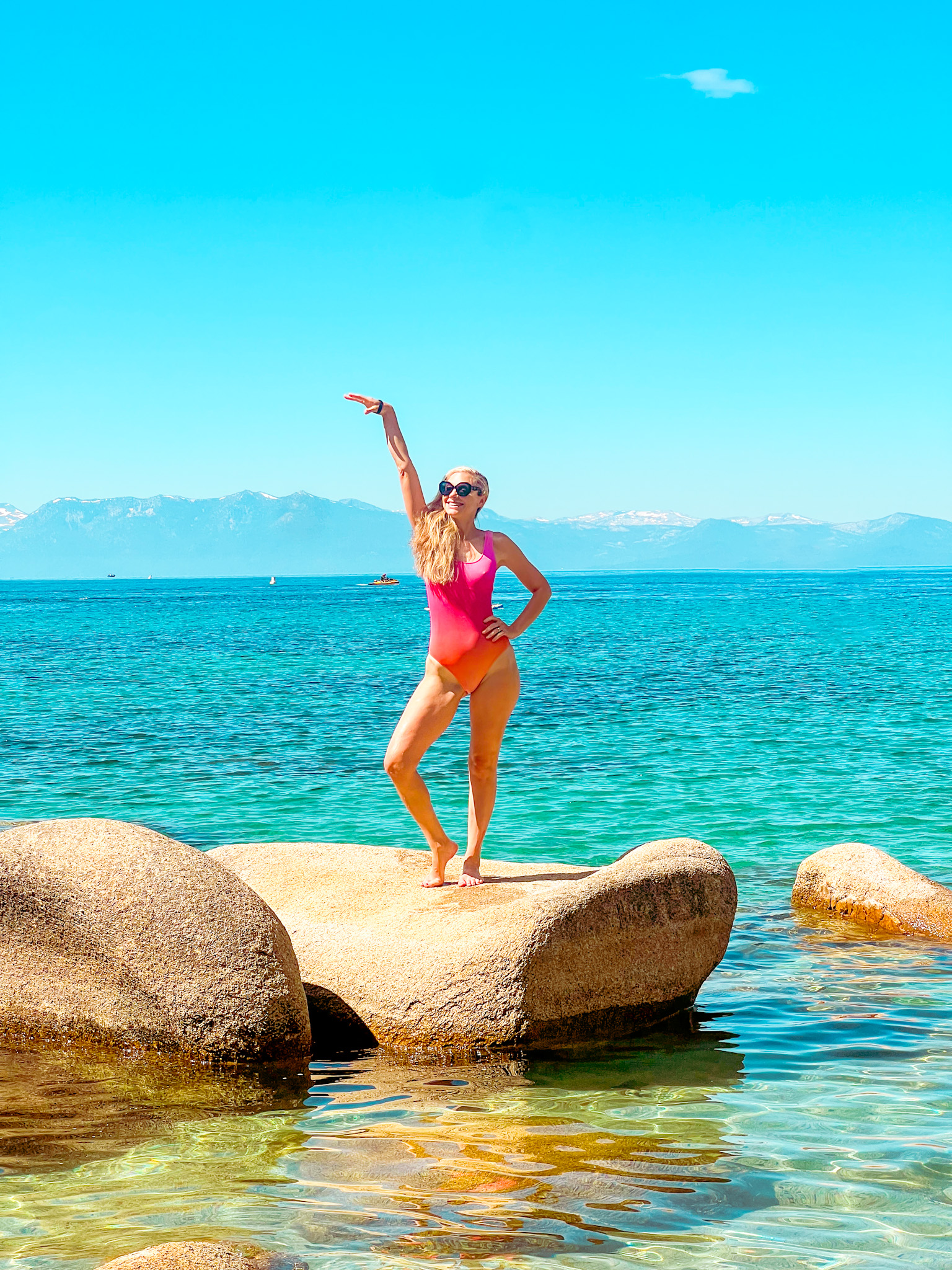 kathy north tahoe summer standing rock pink bathing suit